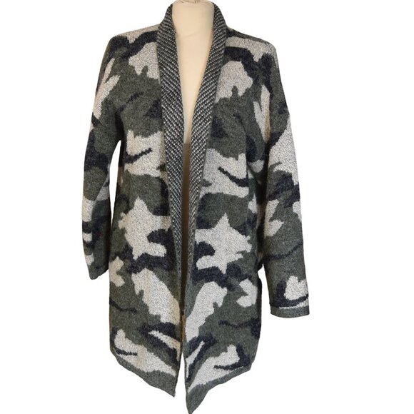 Dreamers || Camo Knit Open Front Cardigan Sweater Coat Size L Cozy Oversized - Picture 1 of 8